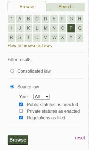 The source Law search page with the browse tab open to allow you to browse by letter within the consolidated laws or source laws and can be filtered by year.