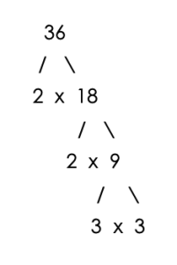 factor tree for 36. factors are 2x2x3x3