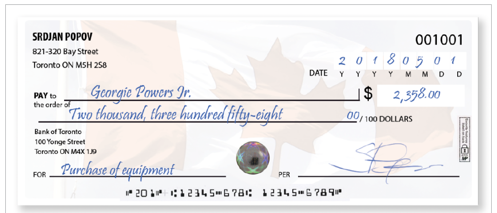 sample of a cheque showing the payee, the amount of the cheque and the amount, 2,358.00 written out as two thousand, three hundred fifty-eight.