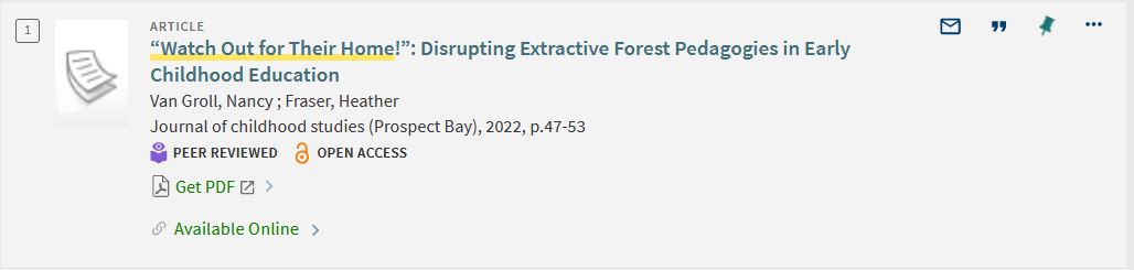 View of a scholarly article in Page1+ that shows info about the article: title, authors, access options, peer review, open access.