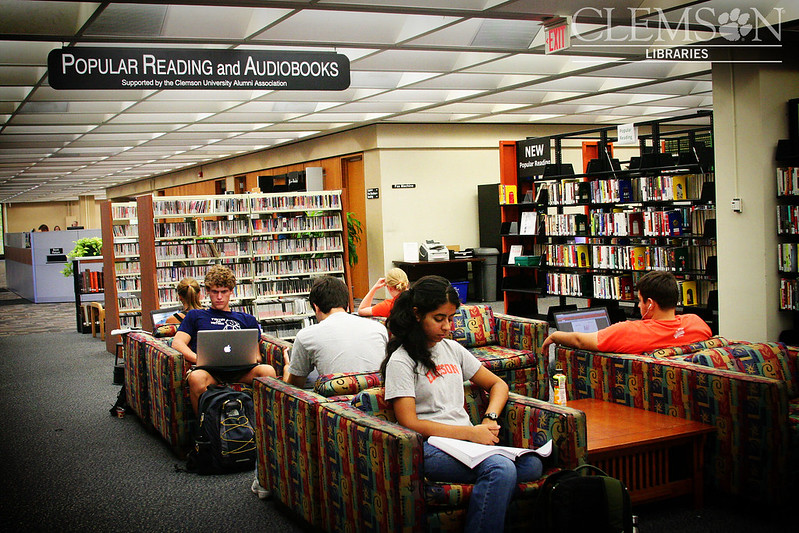 Students sit on couches in the library reading textbooks or on their laptops.