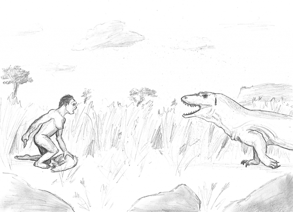 illustration of a primate about to be eaten by an extremely large lizard