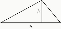 Image of a triangle. The horizontal base side is labelled b, and a line segment labelled h is perpendicular to the base, connecting it to the opposite vertex.