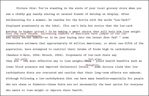 An example of a paragraph with severals revisions by crossing old text out and writing new text above.