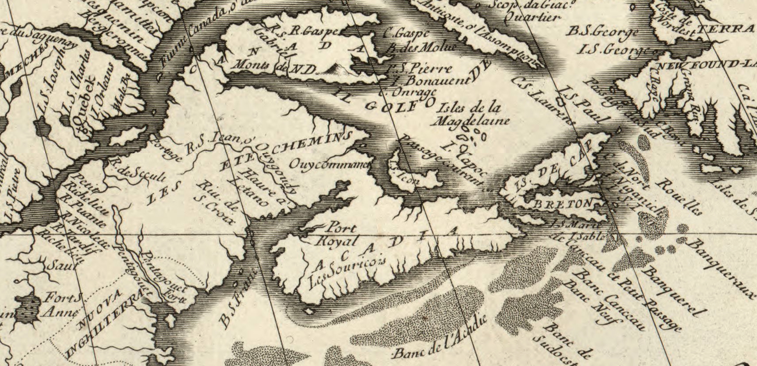 Vincenzo Coronelli's 1688 map of northeastern North America showing "Acadia", not "New Scotland"