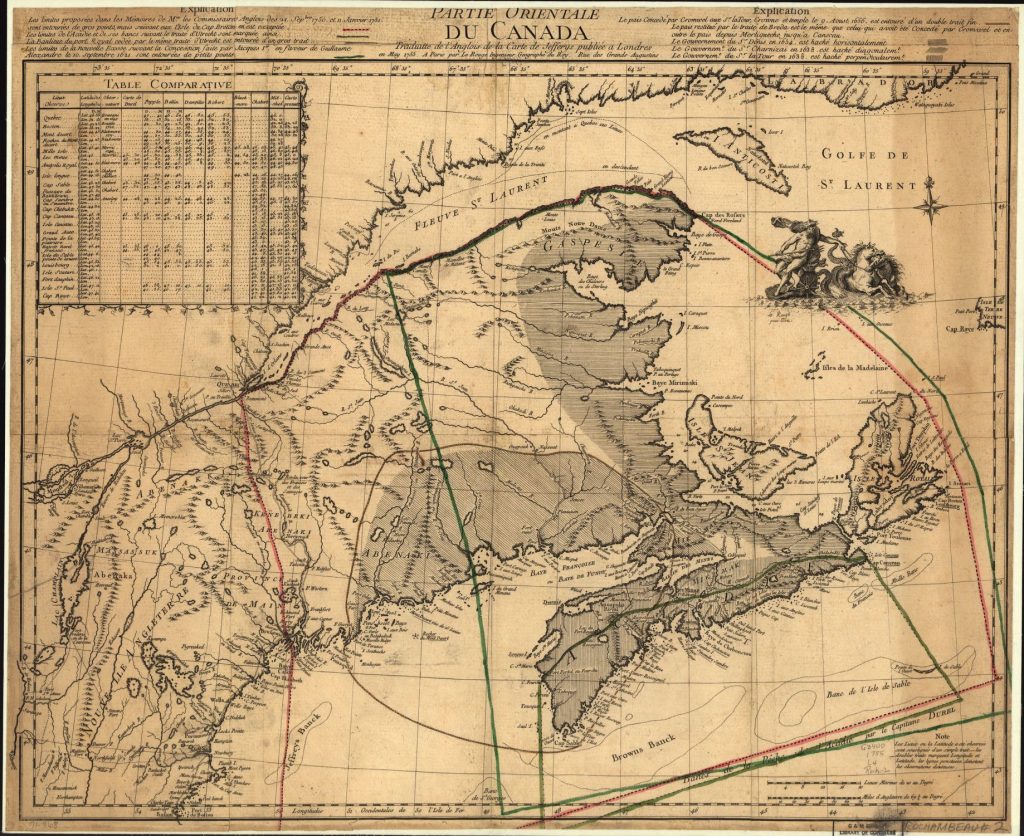 Jefferys's A New Map of Nova Scotia and New Britain (1755) showing competing claims toNova Scotia/Acadie. 