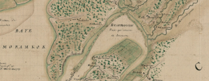 A map of the Chignecto peninsula showing an Acadian village and farm, a Mi'kmaw village, and British and French military positions in 1752.