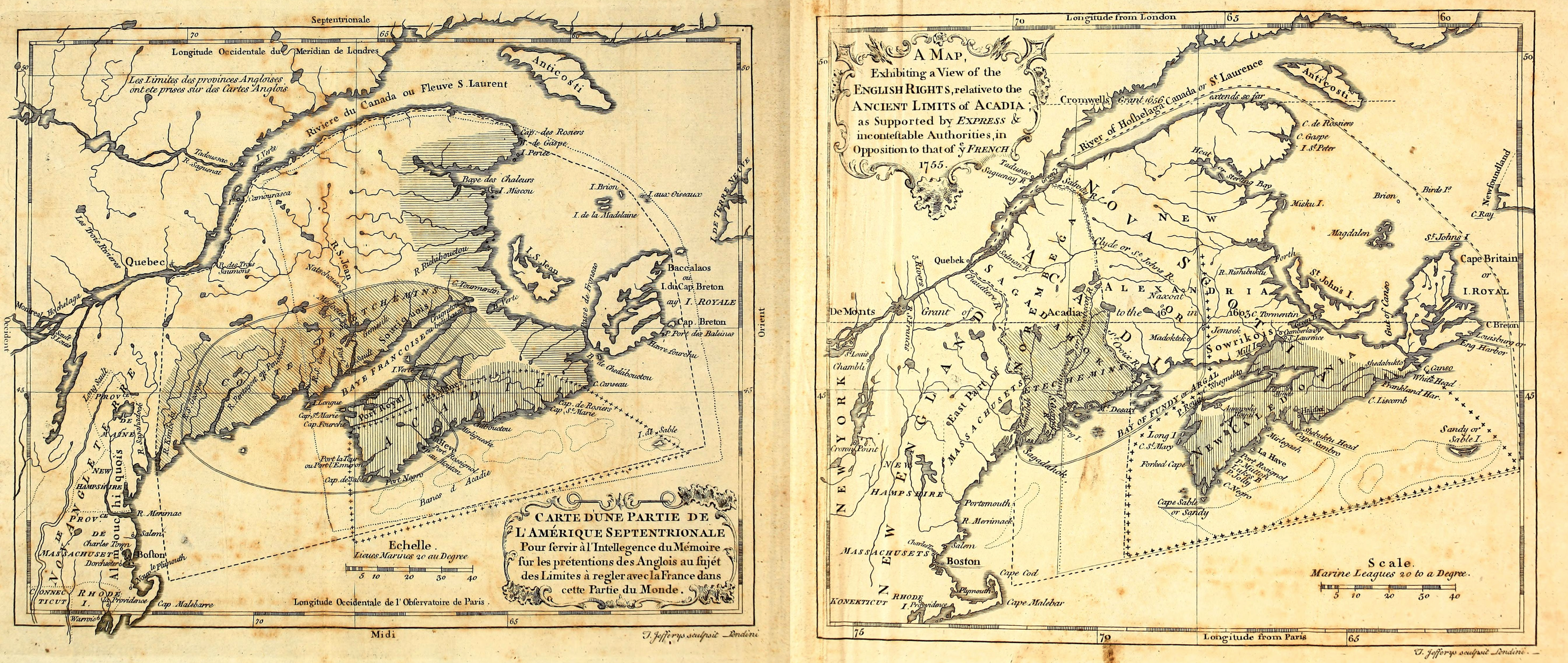 Two maps showing the different French and British interpretations of the boundaries of Acadia.