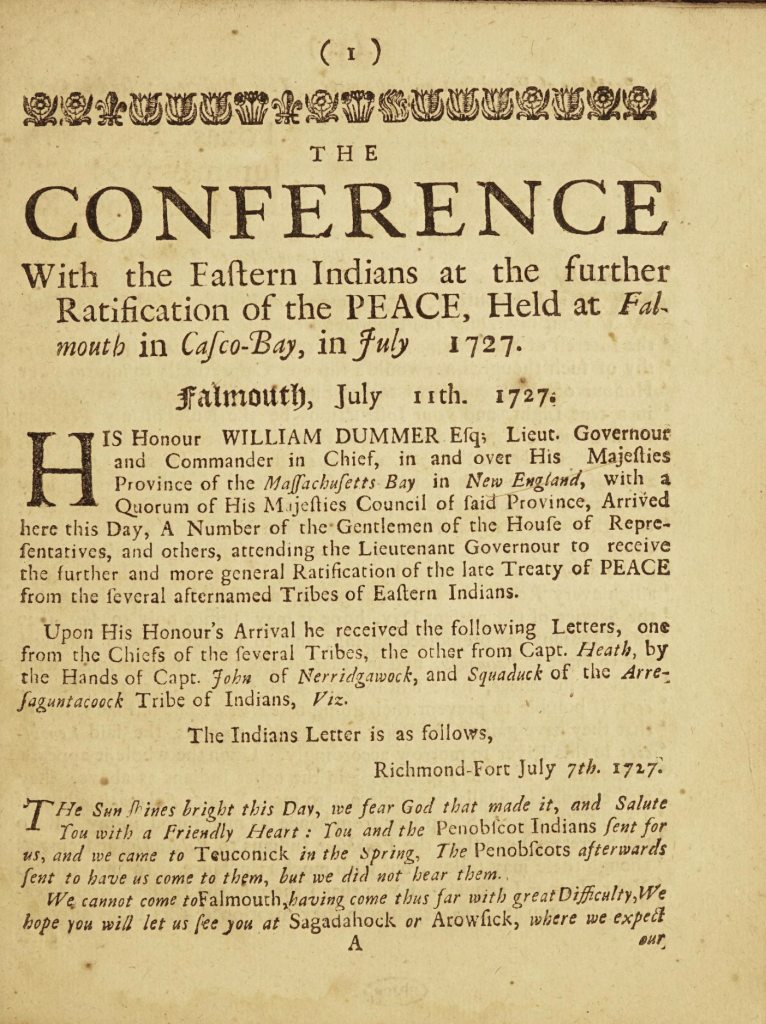 Title page of the peace treaty ratified at Casco Bay (today in southern Maine) between various northeastern Wabanaki peoples and the colonial government of Massachusetts, 1727.