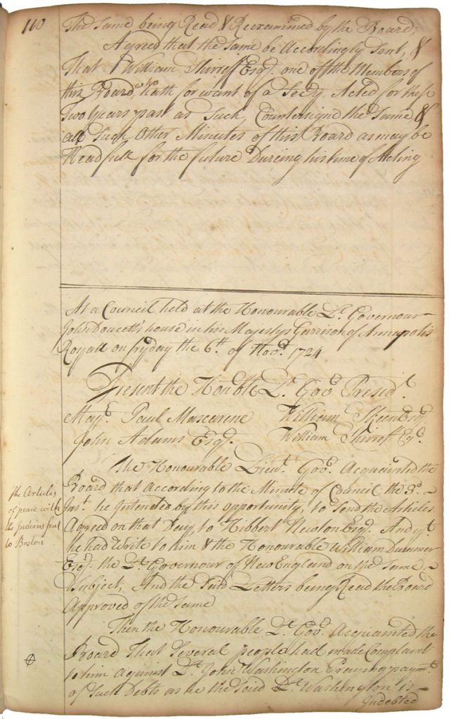 Image of handwritten text from Nova Scotia Council Minutes from 1726.