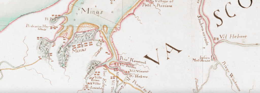 Portion of a 1755 map of Nova Scotia showing Acadian settlements.