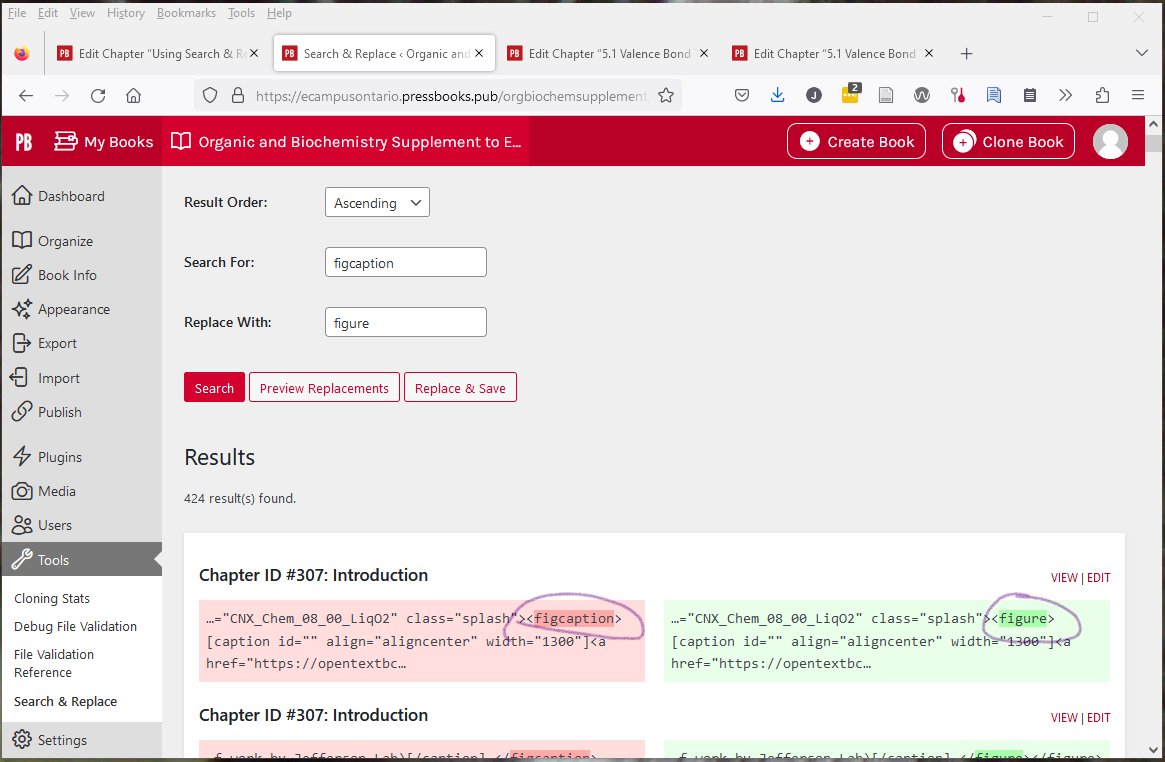 Search and replace in Pressbooks will allow you to find and replace HTML tags if you don't include the brackets.