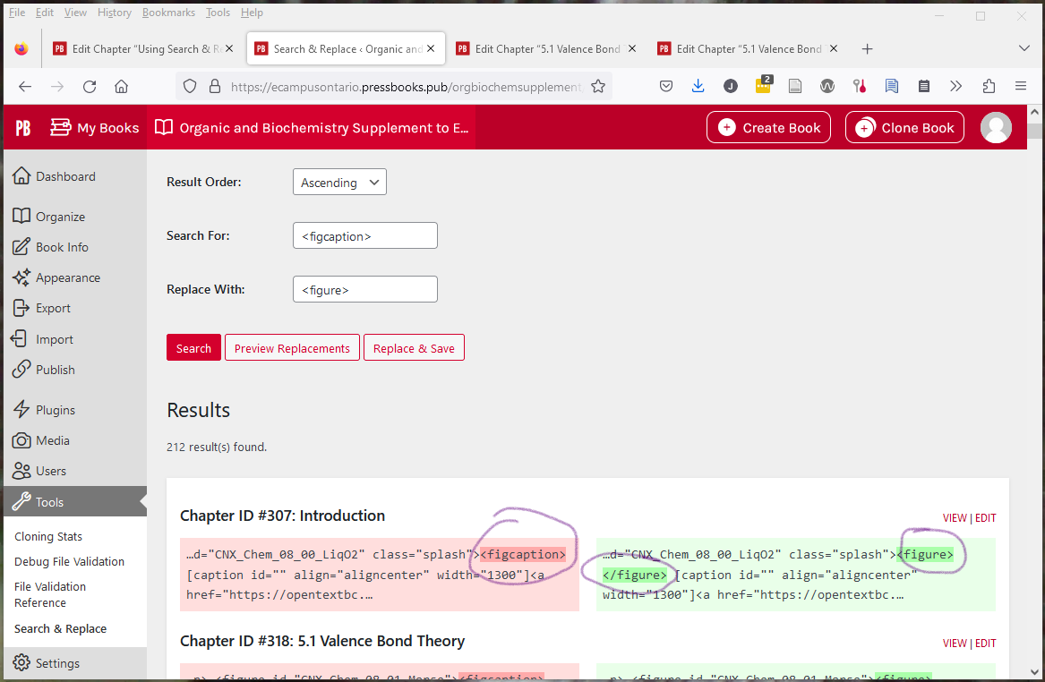 Pressbooks search and replace overwrites the code and tries to close the tag if you include brackets when searching