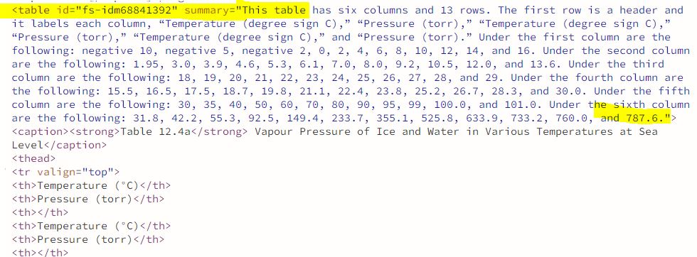 snippet of code that shows the placement of table summary tagging