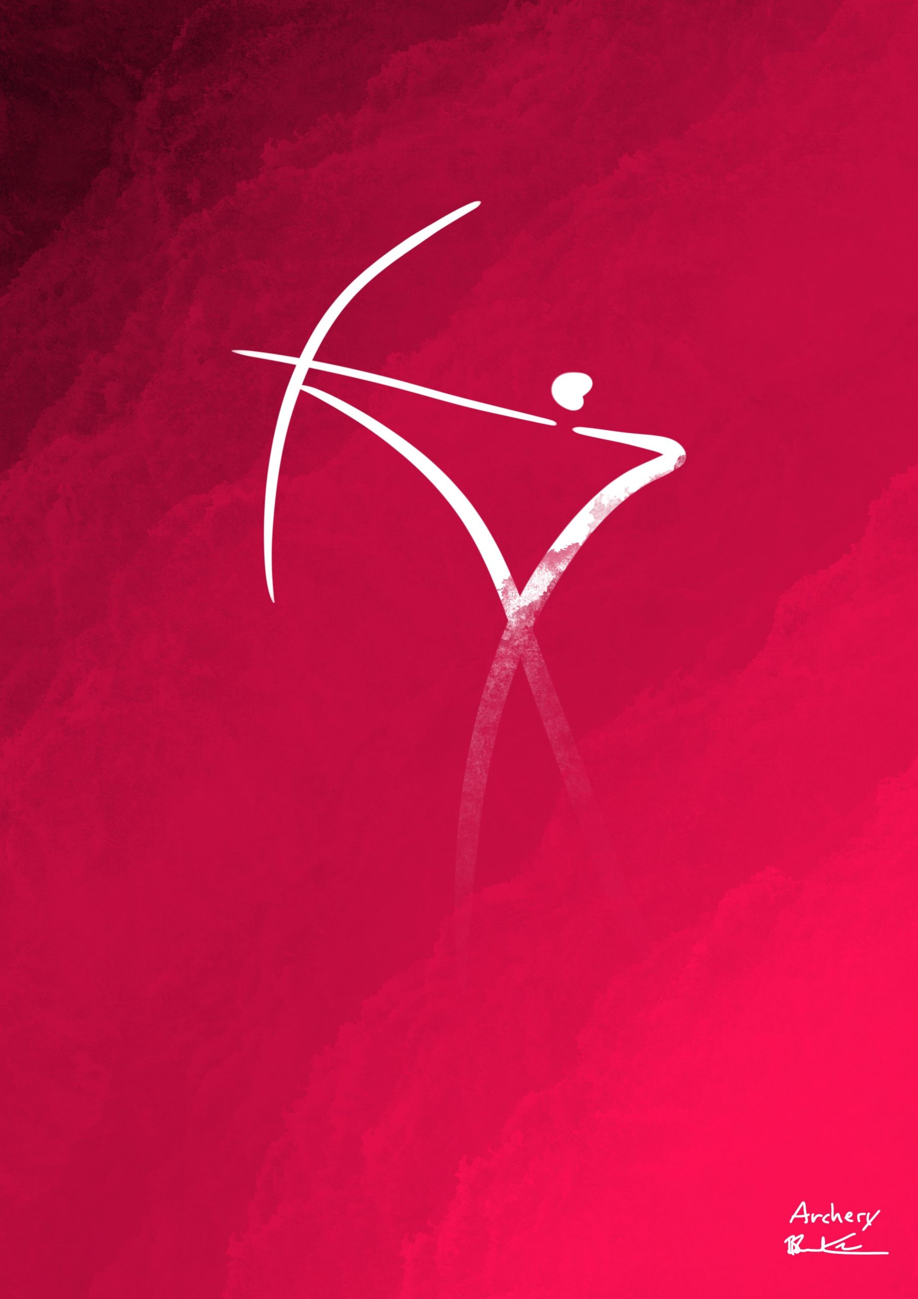 A minimalist linework design of an archer pulling back on his bow against a gradient red background.