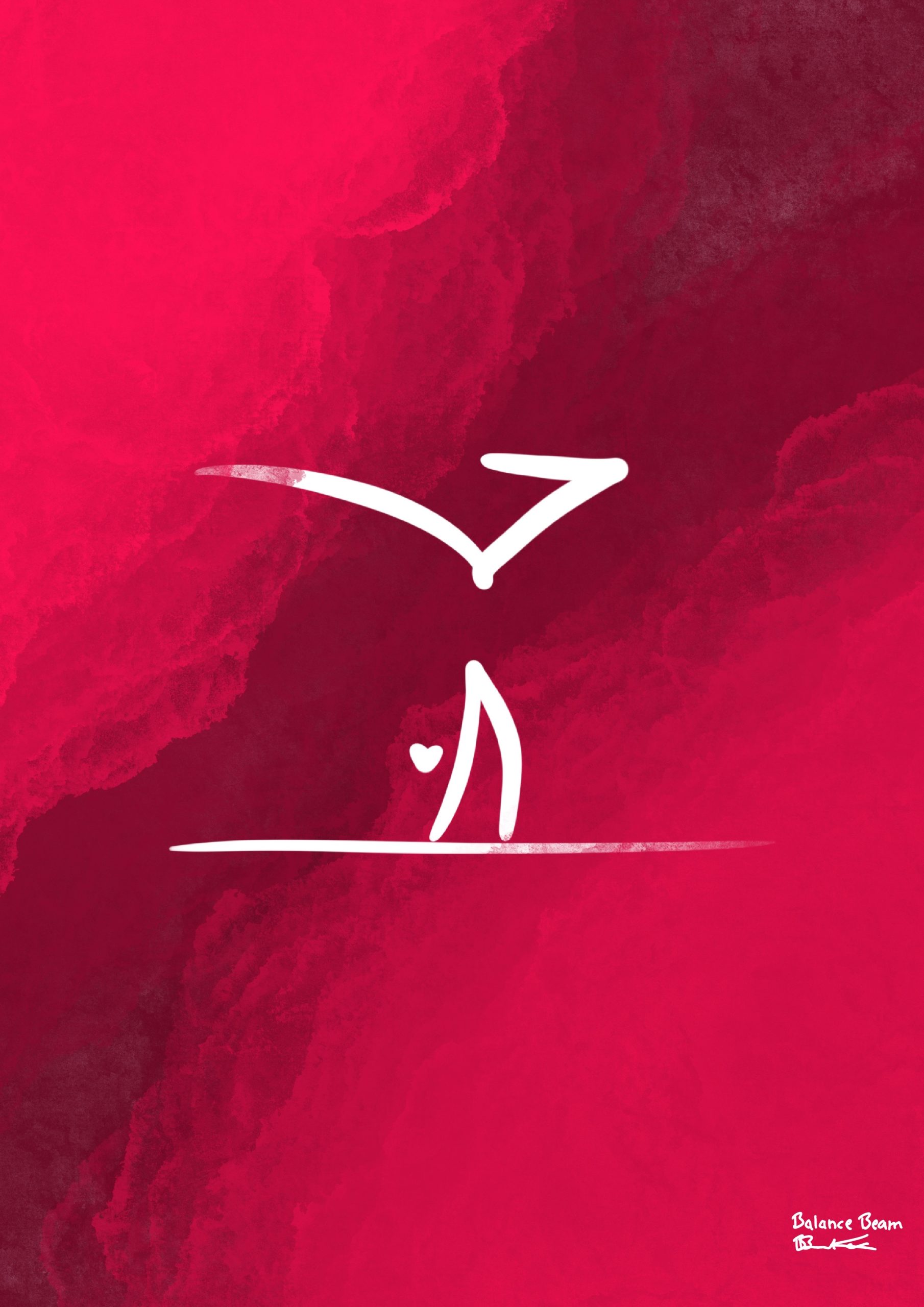 A minimalist linework design of a gymnast doing a handstand against a gradient red background.