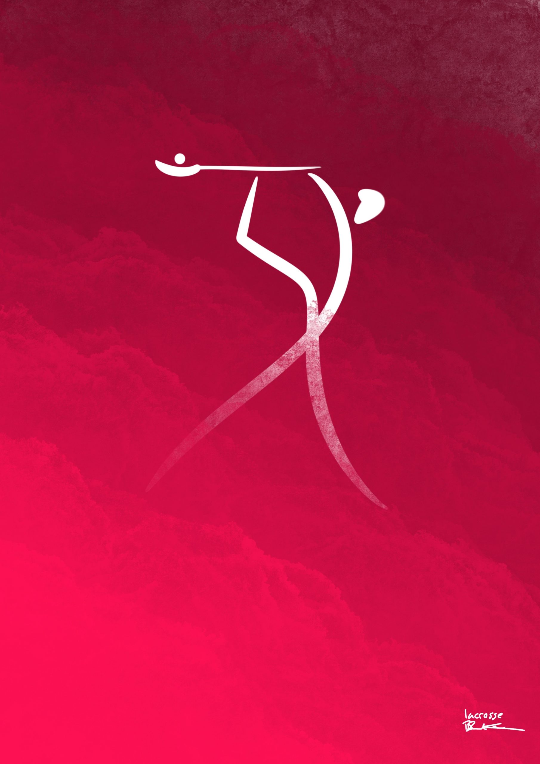 A minimalist linework design of a lacrosse player getting ready to throw overhead against a gradient red background.