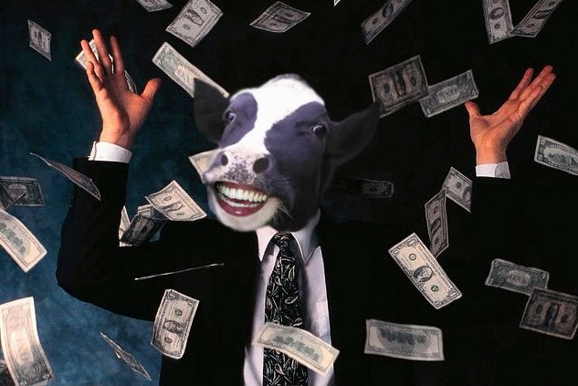 Image of a man with a cow head, throwing money into the air