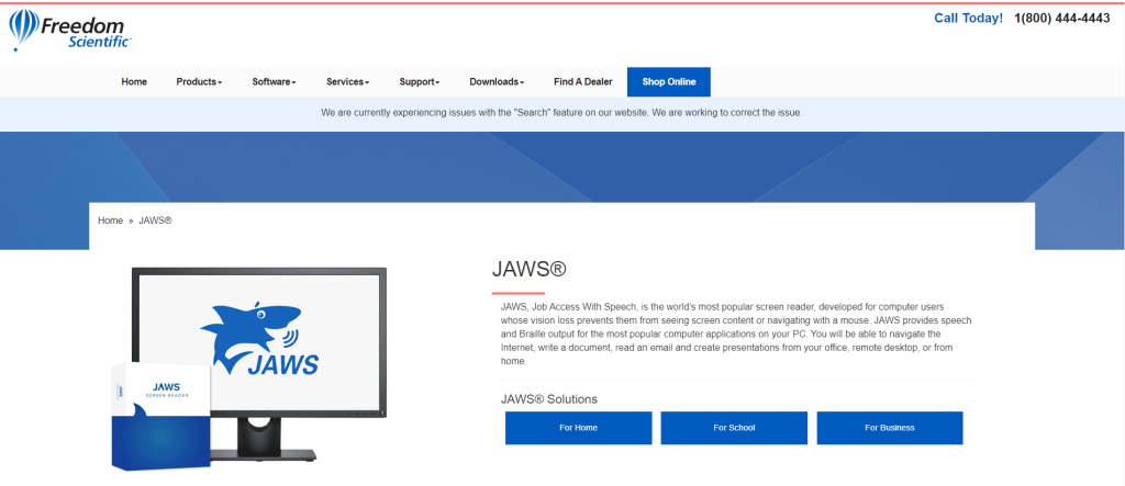 Jaws screen reader home page screenshot