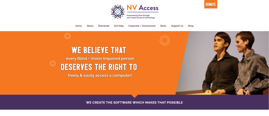 NV Access screen reader homepage screenshot