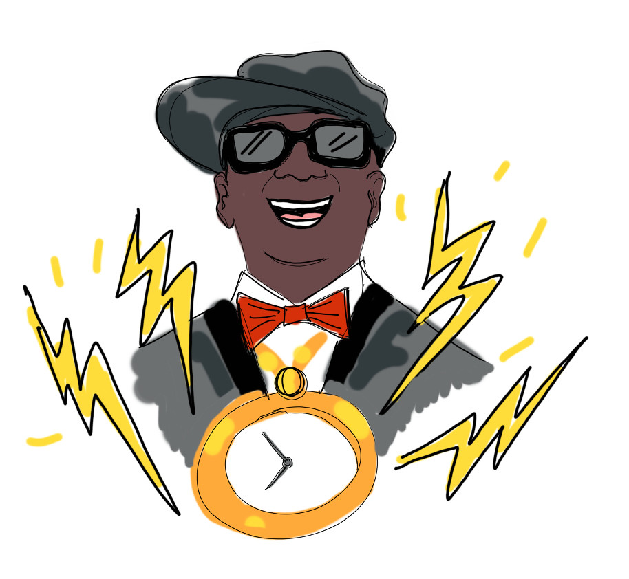 Person with a large clock and lighting bolts depicting the idea of power hour.