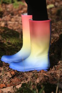 rainbow coloured rain boots