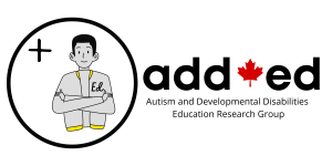 cartoon image of person with arms cross with "Ed" on jacket in circle with plus sign. Title reads" ADD (image of maple leaf) Ed: Autism and Developmental Disabilities- Education Research Group