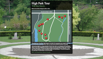 website screenshot featuring an enlarged map of High Park in Toronto with a walking trail and 11 red markers on the map that indicate a place in the park that is described by video