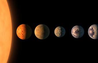 Illustration of the sun (very large) and the first five planets of our solar system moving outward toward the left