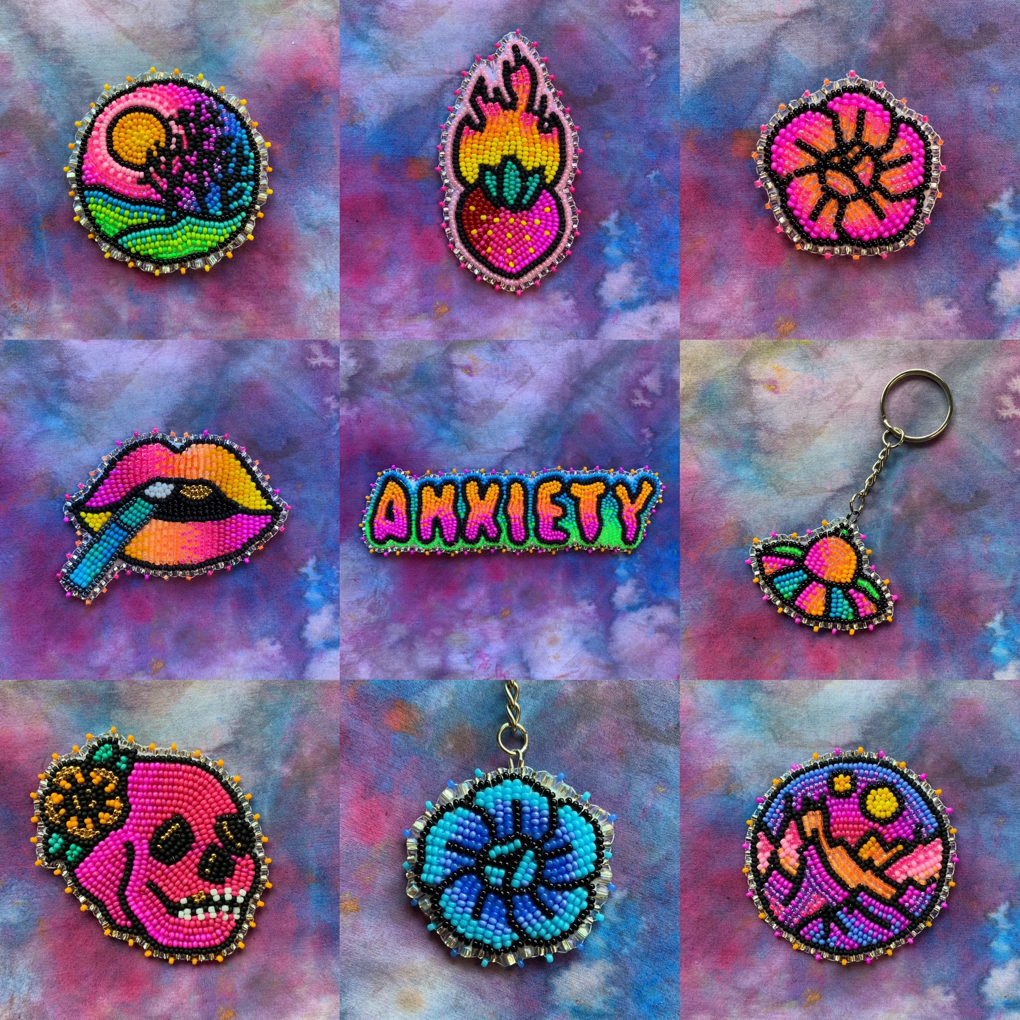 A collage of nine vibrant beadwork designs including symbols like a sunset, mountains, flowers, and the word “ANXIETY.”