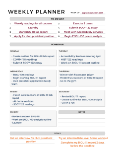 Screenshot of a weekly planner example. Categories include to-do list, schedule, and goals