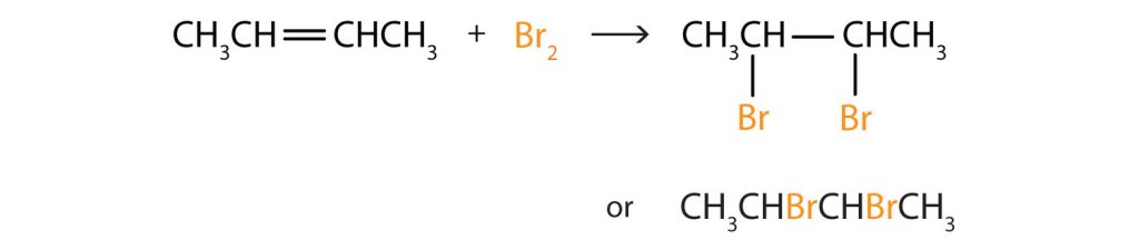 2-butene in the presence of bromine produces 2,3-dibromobutane.