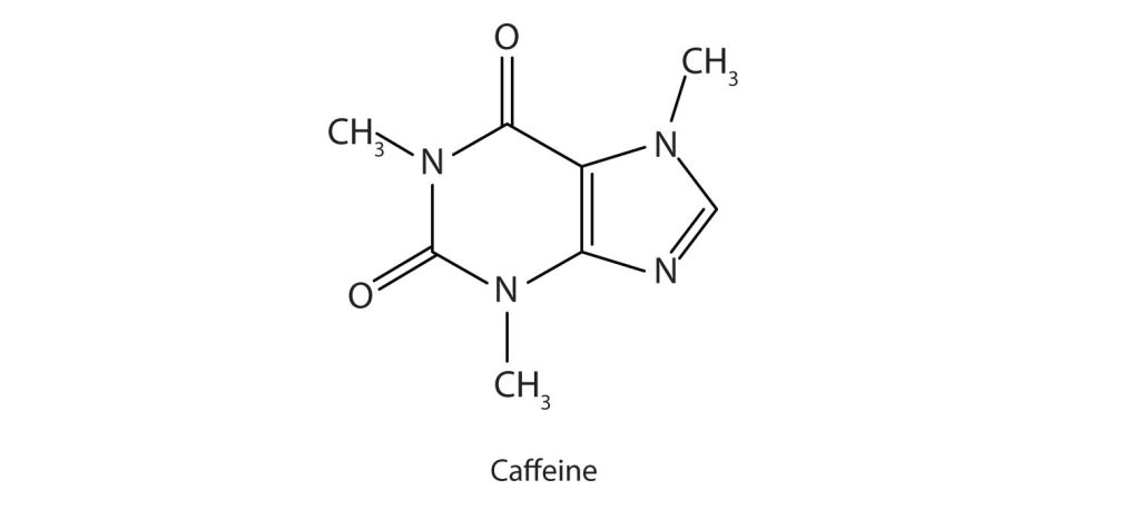 Chemical structure for caffeine. Contains two heterocyclic rings.