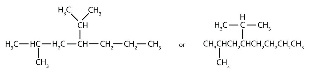 Two chemical structures. On the left there is a 7 carbon chain with a methyl group at the 2nd carbon and an isopropyl group at the 4th carbon. On the right there is an 8 carbon chain with a methyl group at the 2nd carbon and a isopropyl group at the 4th carbon.