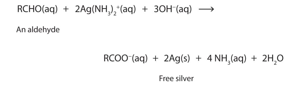 A aldehyde group RCHO reacts with 2 Ag(NH subscript 3) subscript 2 superscript positive sign and 3 hydroxide ions to give COO superscript negative sign in addition to 2 silver in its solid state, 4 NH subscript 3 and 2 water.