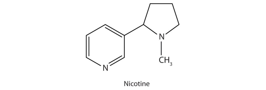 Chemical structure for nicotine. Contains two heterocyclic rings.