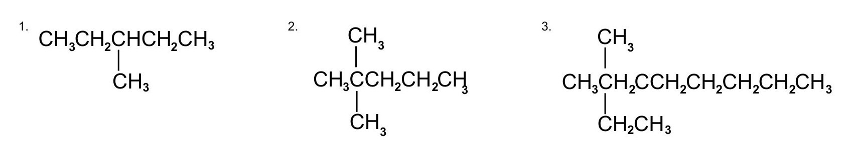 There are 3 chemical structures. From left to right: a 5 carbon chain with a methyl group at the 3rd carbon; a 5 carbon chain with two methyl groups at the 2nd carbon; and lastly, a 9 carbon chain with two methyl groups at the 3rd carbon.