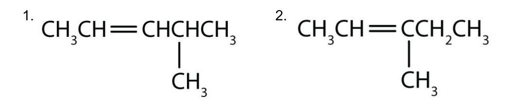 a) on the left shows a 5 carbon chain with a double bond at the 2nd carbon and a methyl group at the 4th carbon. b) on the right shows a 5 carbon chain with a double bond at the 2nd carbon and a methyl group at the 3rd carbon.