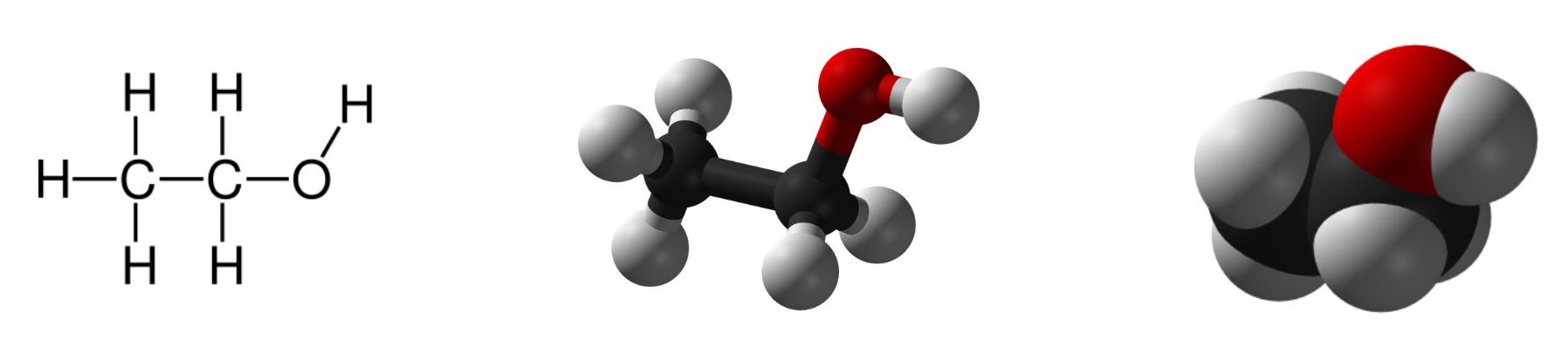 Structure of ethanol from left to right a) structural formula, b) ball and stick model, c) space-filling model.