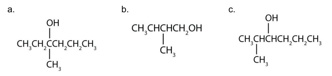 3 images from left to right: a) a 6 carbon chain with an OH and a methyl group at the 3rd carbon; a 4 carbon chain with an OH at the 1st carbon and a methyl group at the 3rd carbon and lastly; c) a 6 carbon chain with an OH group at the 3rd carbon and a methyl group at the 2nd carbon.