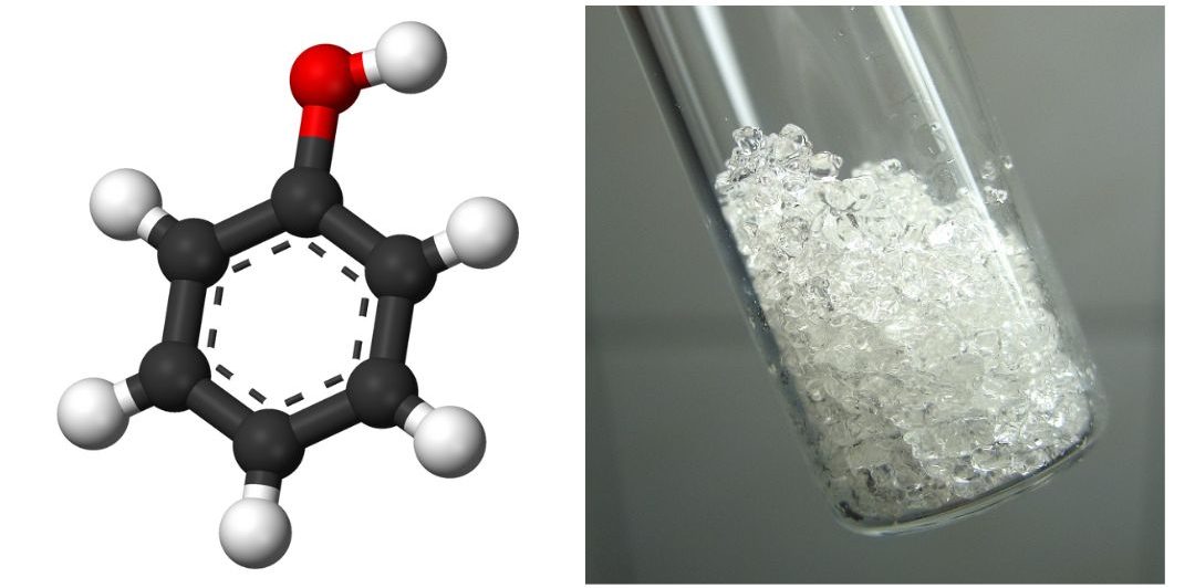 There are two images: On the left is a ball and stick structure of phenol showing a benzene ring with an OH group attached.  On the right is phenol within a test tube in a crystal form