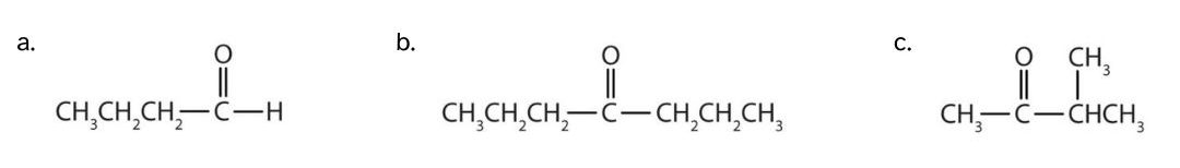 There are 3 structures a) a 4 carbon chain with a carbonyl group at the end; b) a 7 carbon chain with a carbonyl group at the 4th carbon; and c) a 4 carbon chain with a carbonyl group at the 2nd carbon and a methyl group at the 3rd carbon.