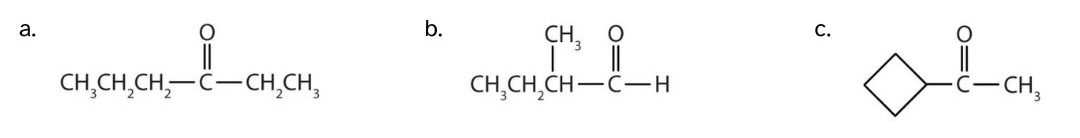 There are 3 structures a) a 6 carbon chain with a carbonyl group at the 3rd carbon; b) a 4 carbon chain with a carbonyl group at the end and a methyl group at the 2nd carbon; and c) a carbonyl group in-between a cyclobutyl group and a methyl group.