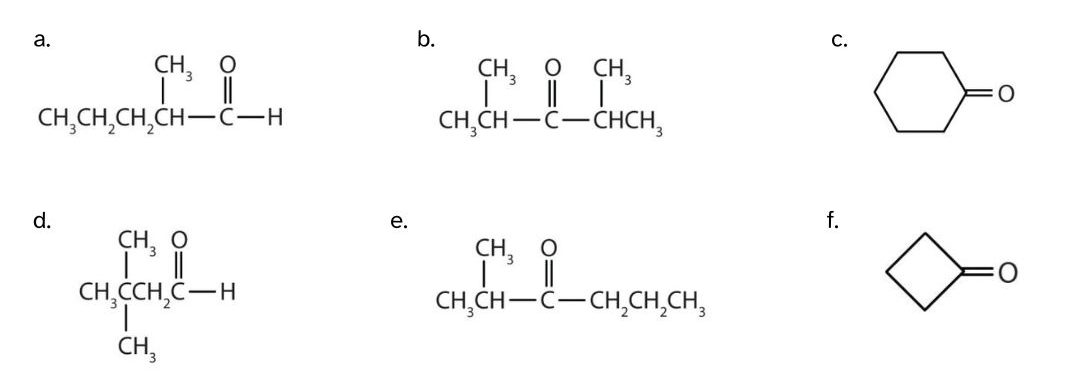 There are 6 structures of aldehydes and ketones a) to f). For a) a 5 carbon chain with a methyl group at the 2nd carbon and a carbonyl group at carbon 1; b) a 5 carbon chain with a methyl group at the 2nd and 4th carbon with a carbonyl group at the 3rd carbon; c) a carbonyl group within a cyclohexane; d) a 4 carbon chain with a dimethyl group at the 3rd carbon and a carbonyl group at the 1st carbon; e) a 6 carbon chain with a methyl group at the 2nd carbon and a carbonyl group at the 3rd carbon; and f) a carbonyl group within a cyclobutane.