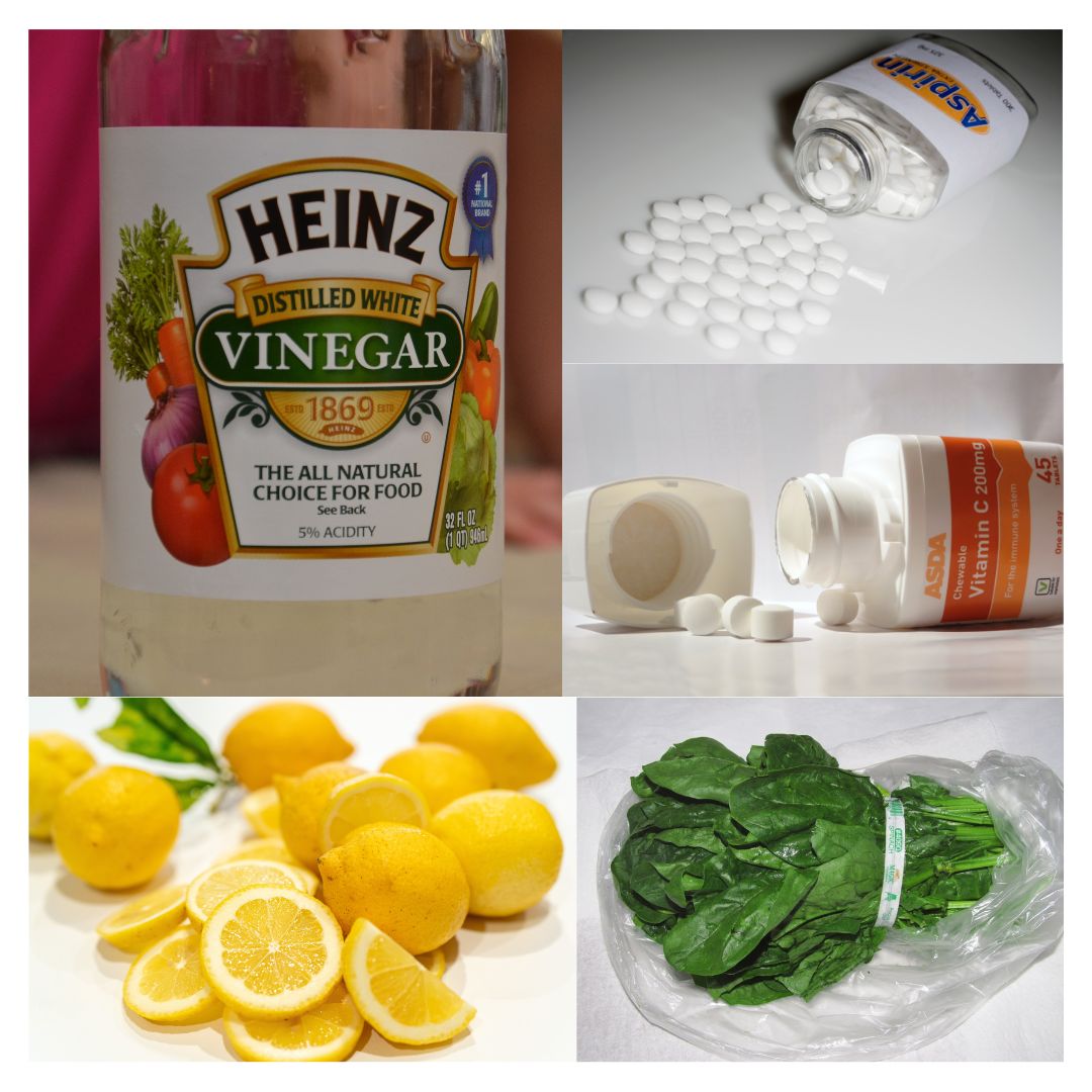 The image shows a variety of carboxylic acids in the home. It includes vinegar, aspirin, lemons, vitamin C and spinach.
