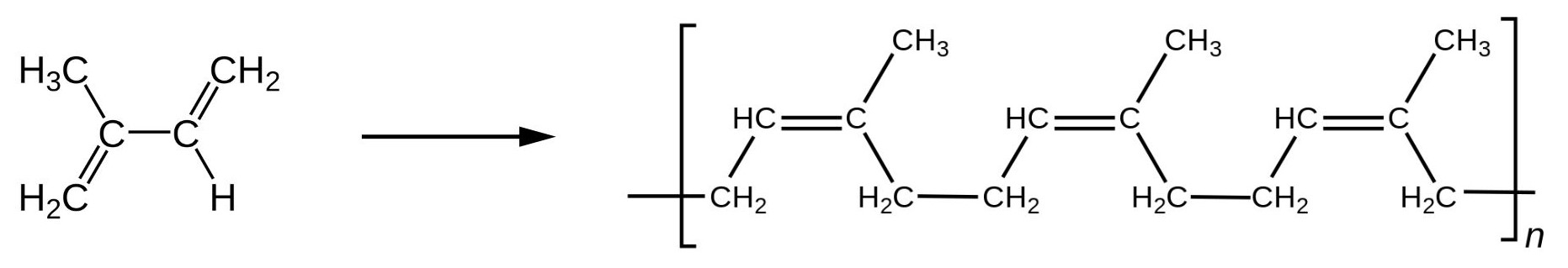 Reaction showing the formation of cis-polyisoprene or rubber from isoprene (2-methyl-1,3-butadiene).