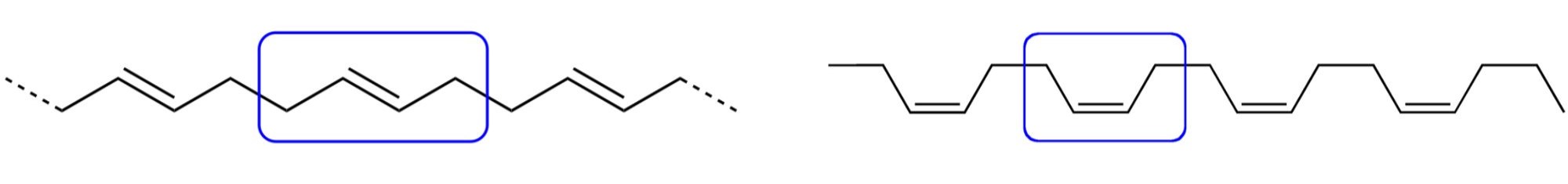Line diagrams of trans-1,4-polybutadiene on the left and cis-1,4-polybutadiene on the right.