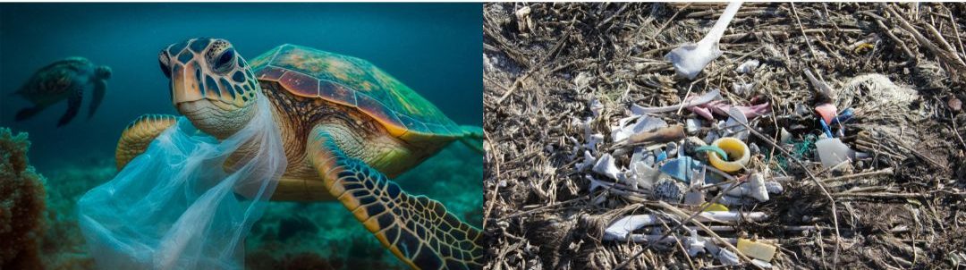 Two images are shown. The first image shows a sea turtle with a plastic bag stuck around its neck. The second image shows the remains of an albatross that mistook bits of plastic as food and eventually died.