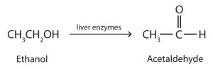 Conversion of ethanol to acetaldehyde (ethanal) using liver enzymes as the catalyst.