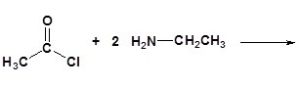 A 2 carbon chain with a double bonded oxygen and a chlorine bonded to the first carbon, reacts with 2 NH2CH2CH3 to produce what?
